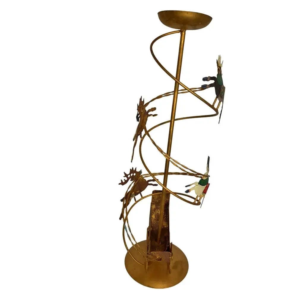Vintage Christmas Brass Spiral Reindeer Sleigh Candle Holders Decor Set of 2